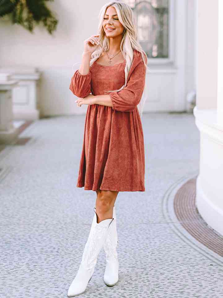 Square Neck Three-Quarter Sleeve Mini Dress | 1mrk.com