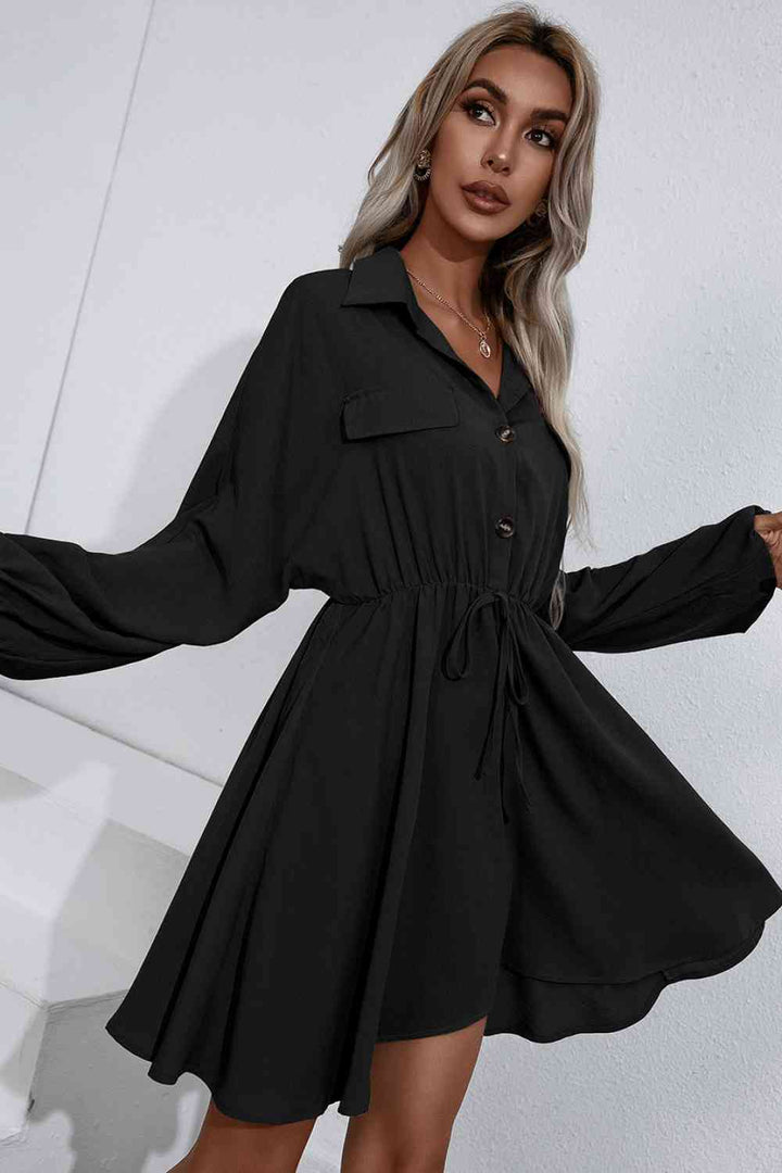 Collared Tie Waist Button Up Shirt Dress |1mrk.com