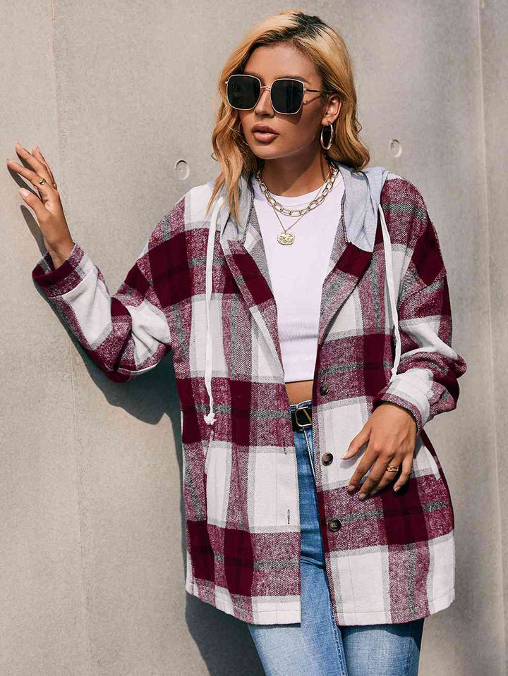 Plaid Dropped Shoulder Hooded Jacket | 1mrk.com