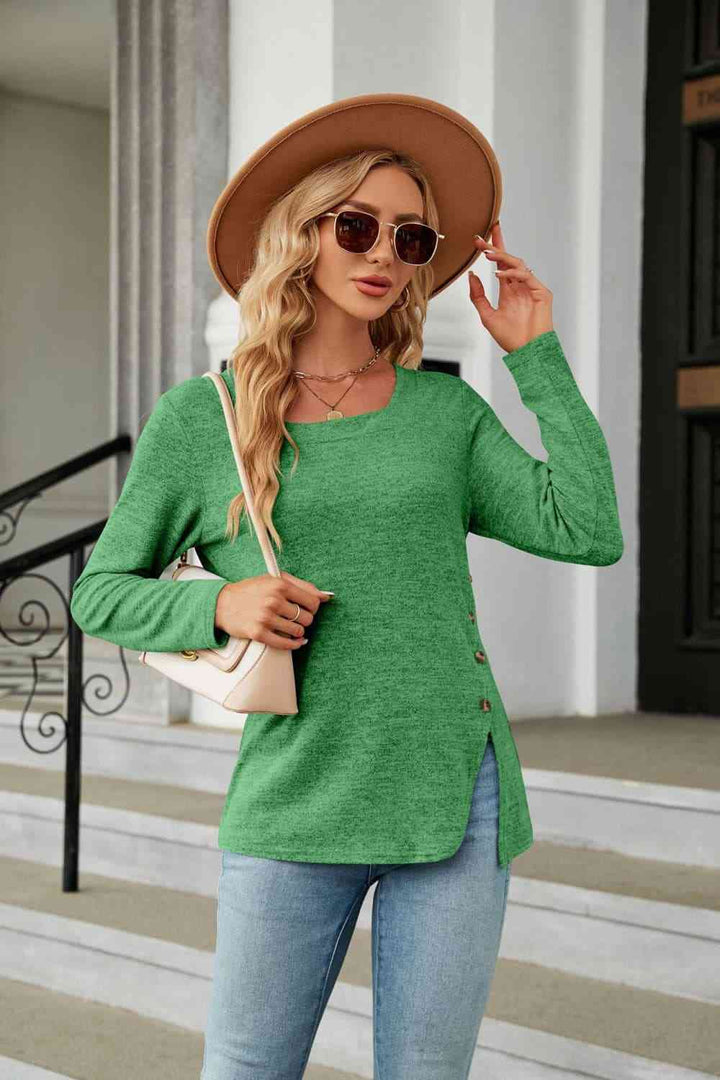 Square Neck Long Sleeve Slit T-Shirt | 1mrk.com