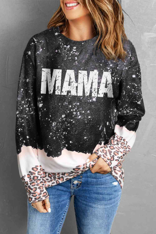 MAMA Leopard Color Block Round Neck Sweatshirt |1mrk.com