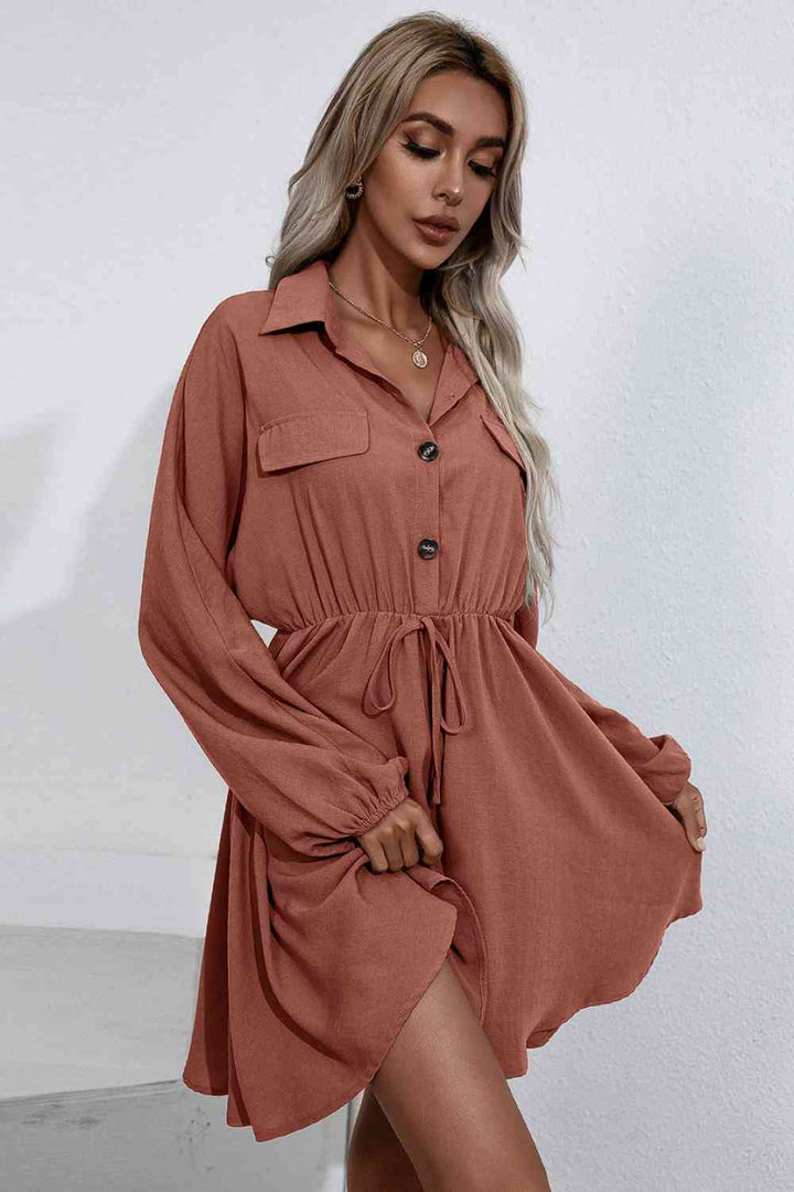 Collared Tie Waist Button Up Shirt Dress |1mrk.com