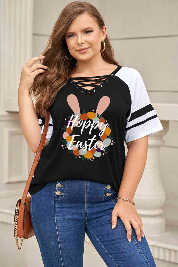 Plus Size HOPPY EASTER Graphic Crisscross V-Neck Tee | 1mrk.com