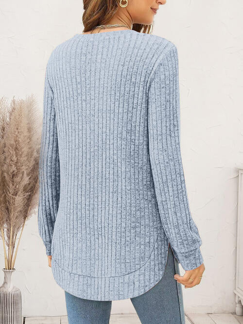 Ribbed Round Neck Long Sleeve T-Shirt | 1mrk.com