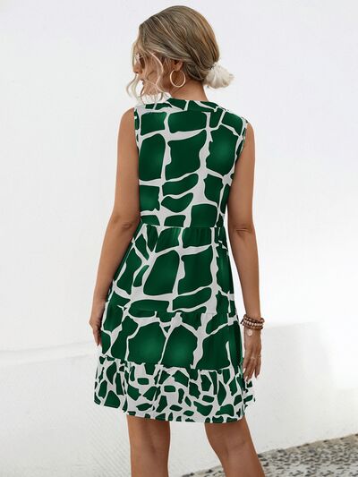 Printed Notched Sleeveless Tiered Dress |1mrk.com