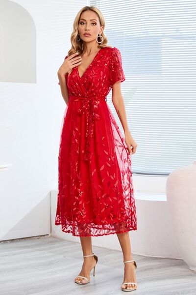 Sequin Leaf Embroidery Tie Front Short Sleeve Dress |1mrk.com