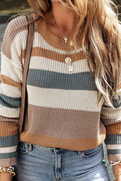 Striped Round Neck Dropped Shoulder Sweater |1mrk.com