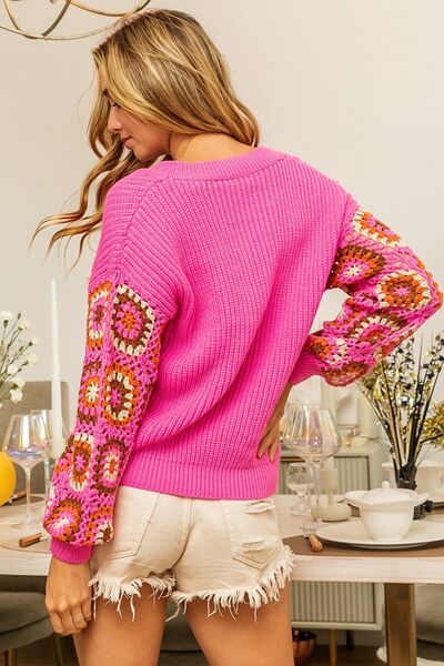 BiBi V-Neck Crochet Long Sleeve Sweater | Trendsi