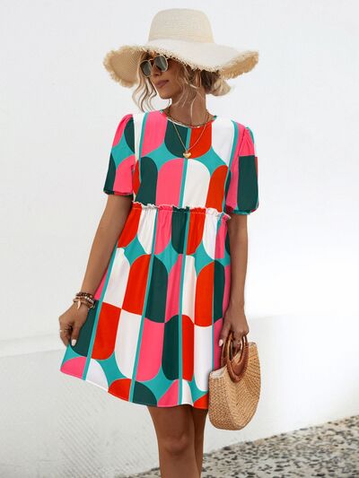 Geometric Frill Round Neck Short Sleeve Dress |1mrk.com