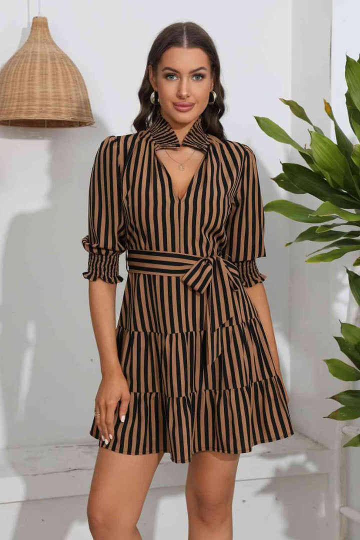 Striped Tie Belt Tiered Dress |1mrk.com