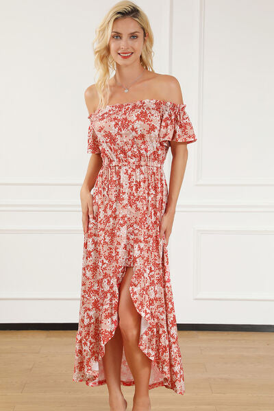 Smocked Off-Shoulder Ruffle Hem Dress |1mrk.com