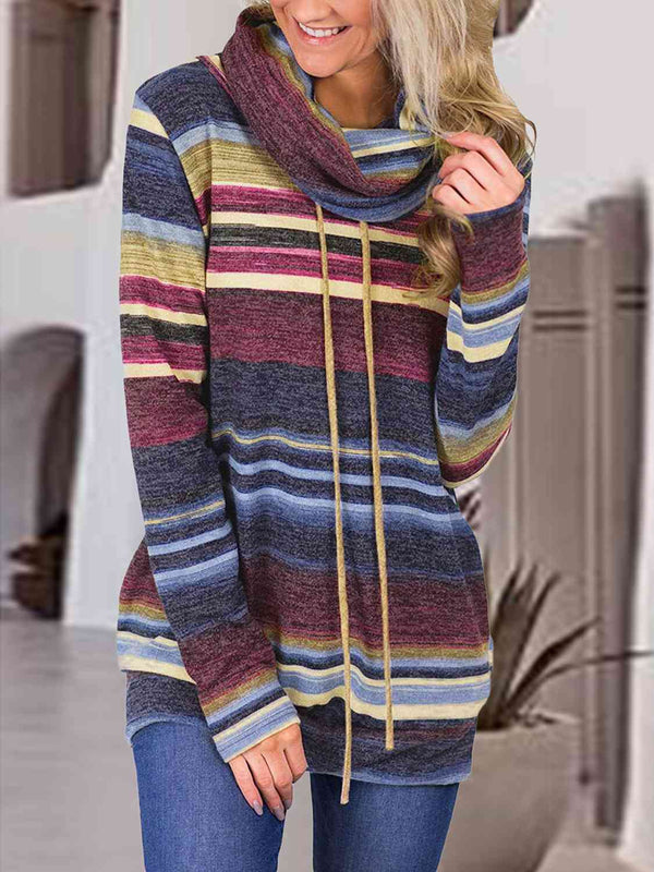 Striped Drawstring Cowl Neck Sweatshirt |1mrk.com