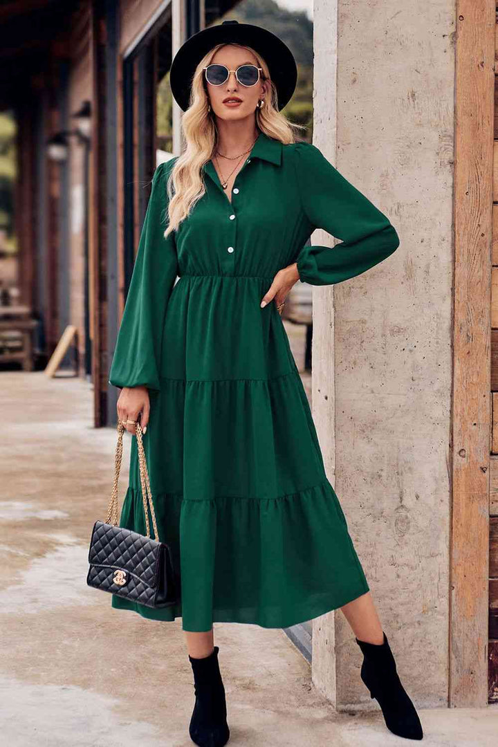 Collared Neck Long Sleeve Midi Dress |1mrk.com