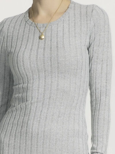 Ribbed Round Neck Long Sleeve Slim Dress |1mrk.com