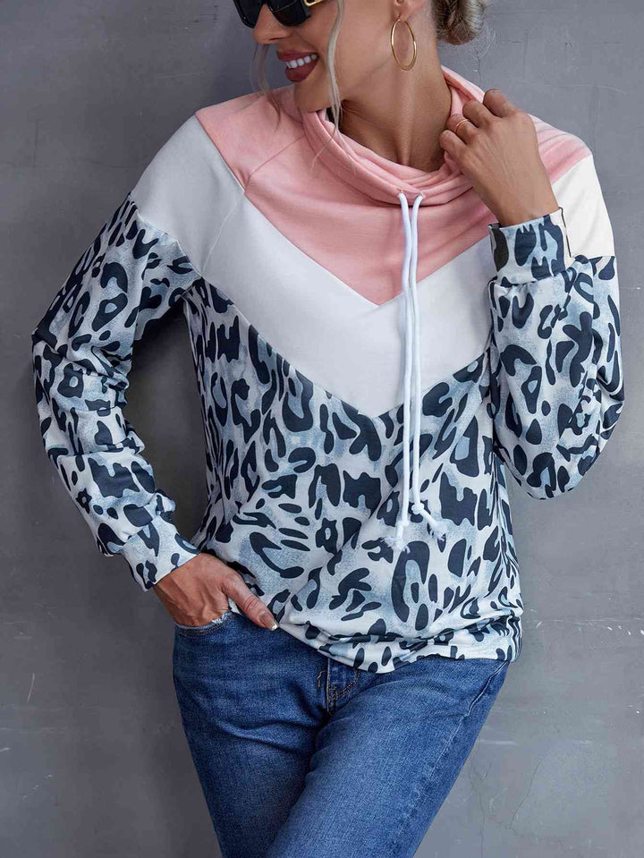 Leopard Color Block Drawstring Sweatshirt |1mrk.com