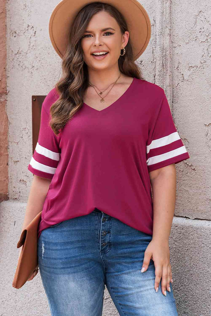 Plus Size Striped V-Neck Tee Shirt | 1mrk.com