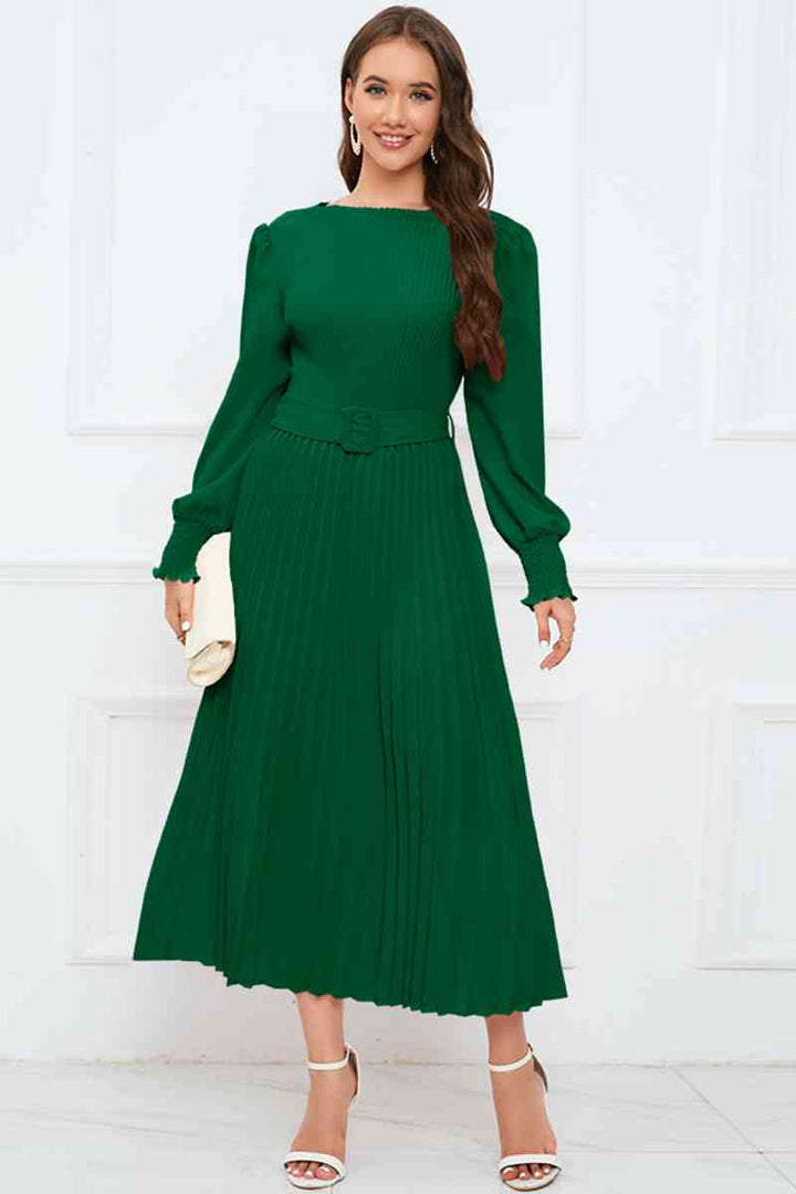 Round Neck Flounce Sleeve Pleated Dress | 1mrk.com