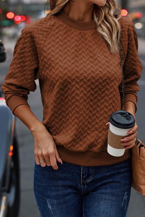 Texture Round Neck Long Sleeve Sweatshirt |1mrk.com