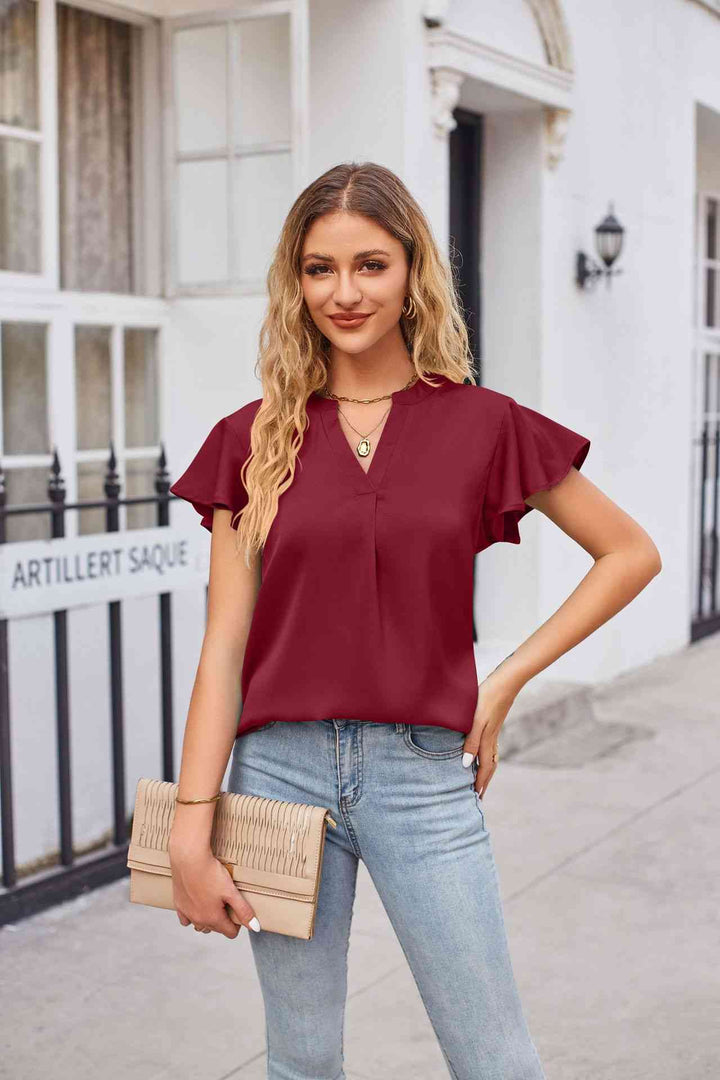 Notched Neck Flutter Sleeve Satin Top | 1mrk.com