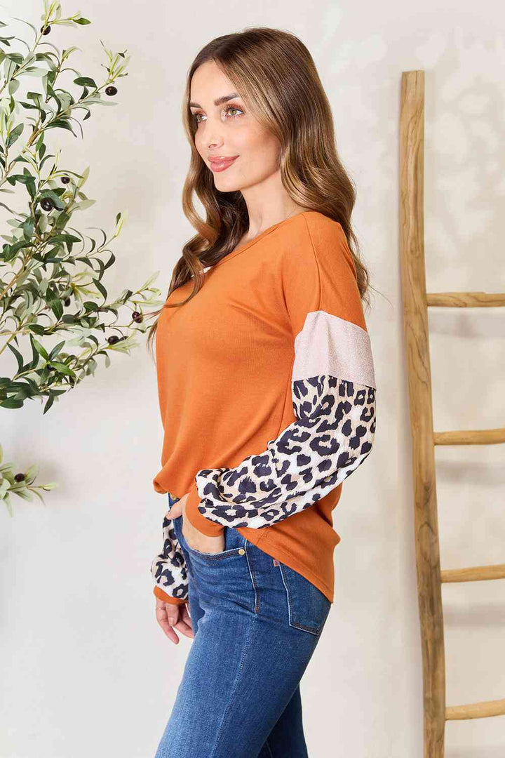 Double Take Leopard Long Sleeve Round Neck Sweatshirt |1mrk.com