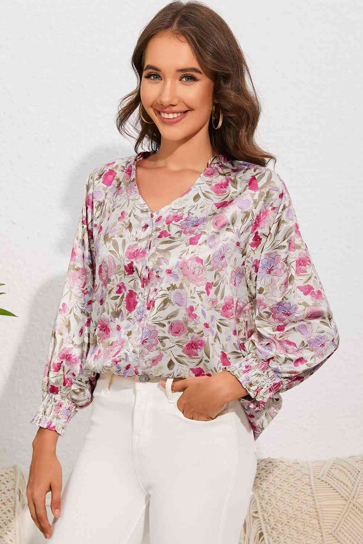 Double Take Floral V-Neck Long Sleeve Shirt |1mrk.com