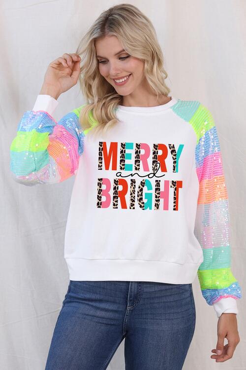 MERRY AND BRIGHT Sequin Long Sleeve Sweatshirt |1mrk.com