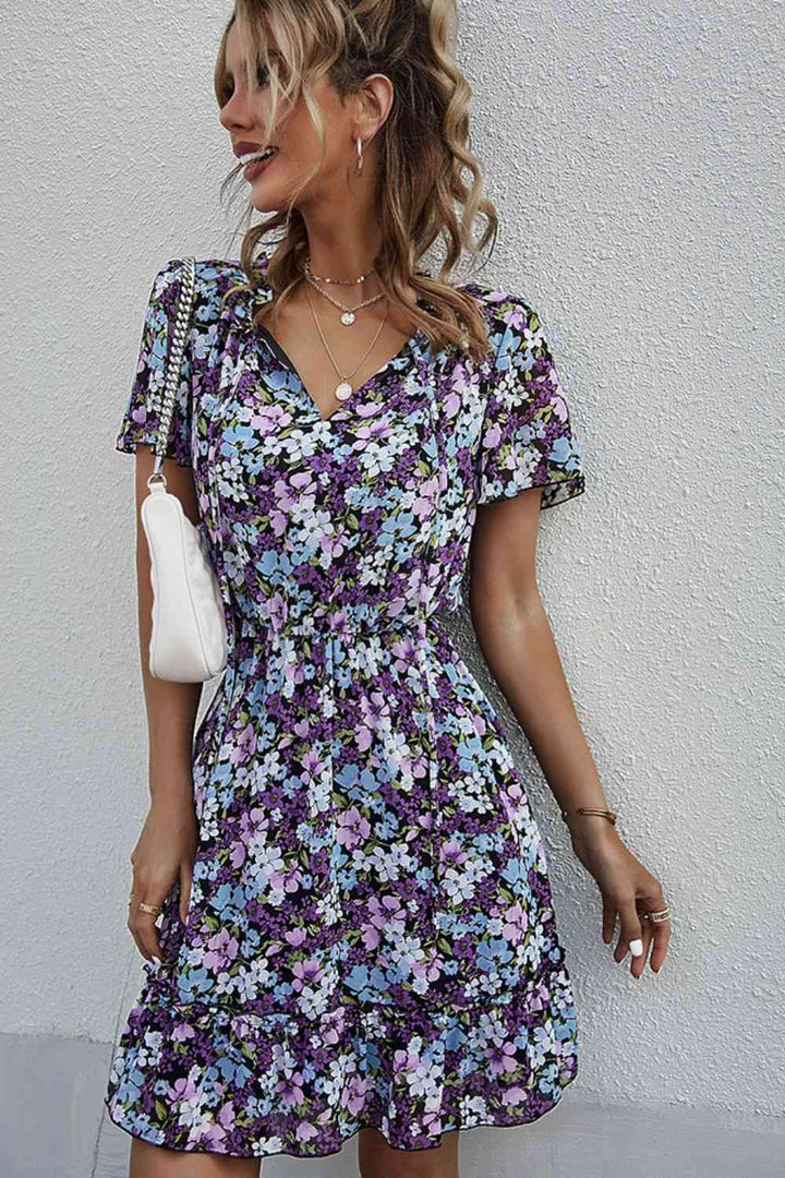 Floral Tie-Neck Flutter Sleeve Mini Dress |1mrk.com