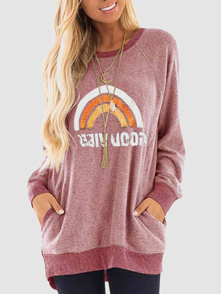 Rainbow Graphic Round Neck Sweatshirt with Pockets |1mrk.com