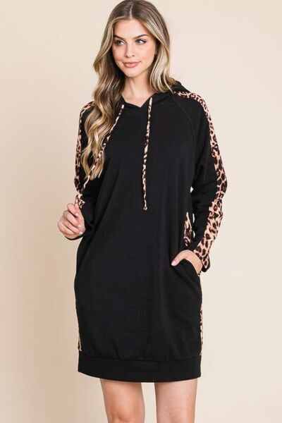 Culture Code Drawstring Leopard Long Sleeve Hooded Dress |1mrk.com