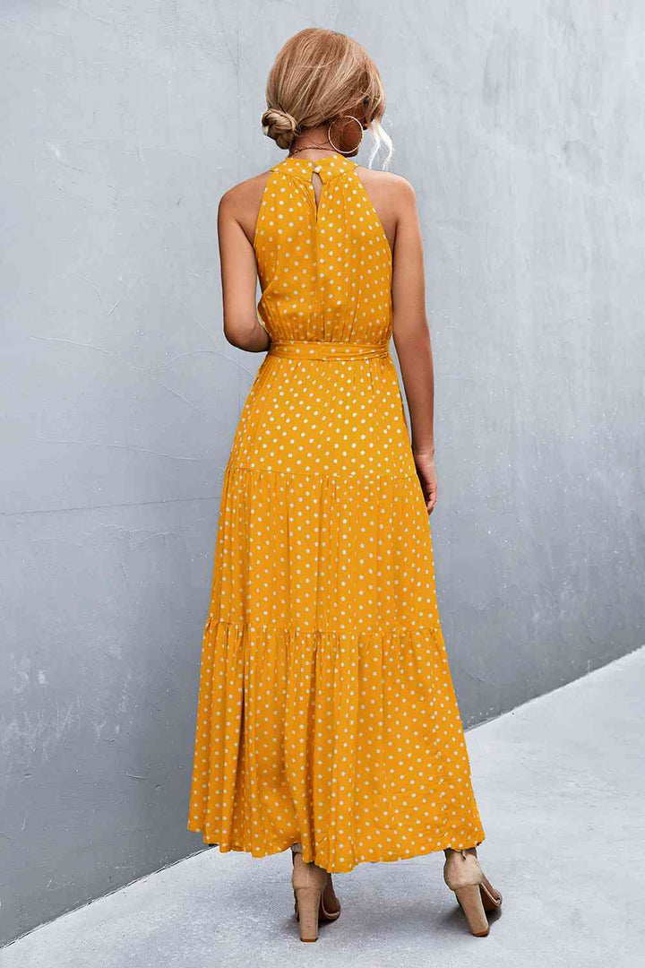 Printed Sleeveless Tie Waist Maxi Dress |1mrk.com