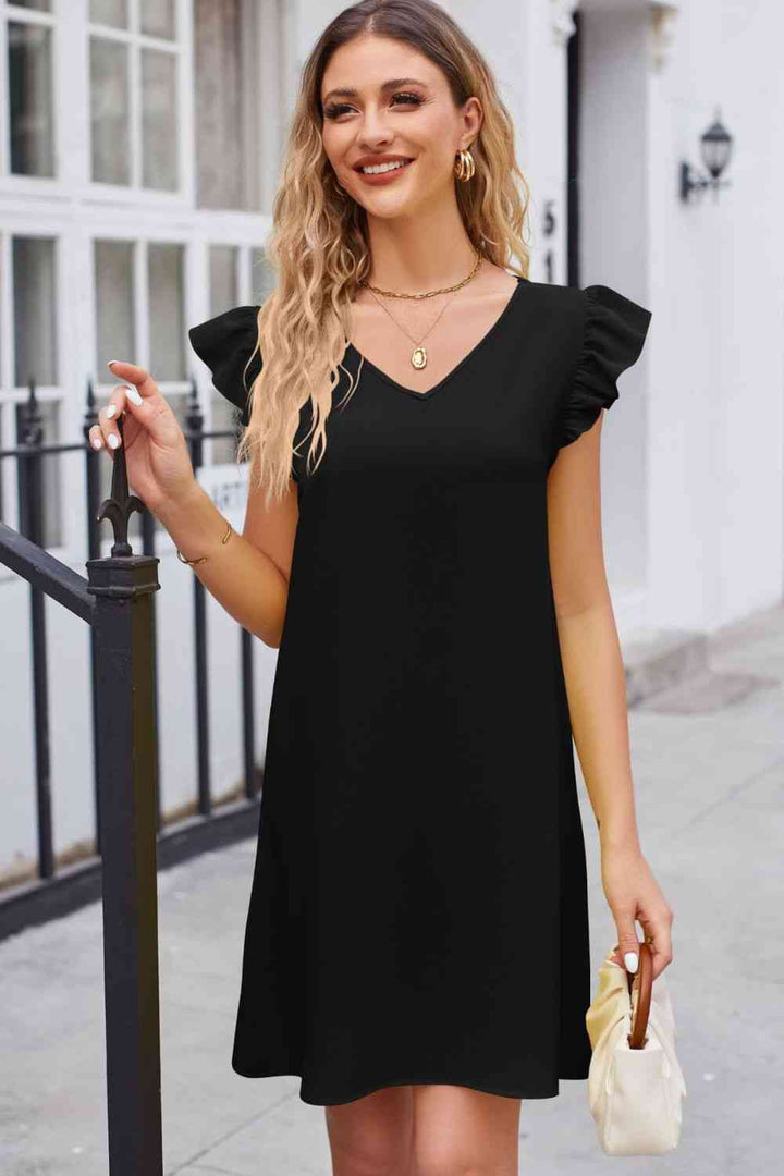 Ruffled V-Neck Flutter Sleeve Dress |1mrk.com