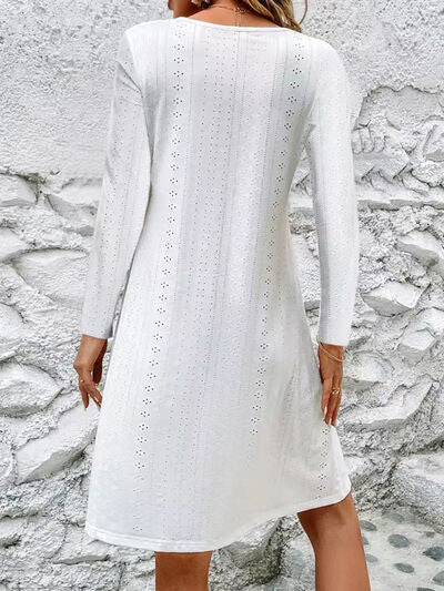 Eyelet V-Neck Long Sleeve Mini Dress |1mrk.com