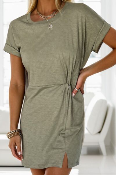 Twisted Round Neck Short Sleeve Dress |1mrk.com