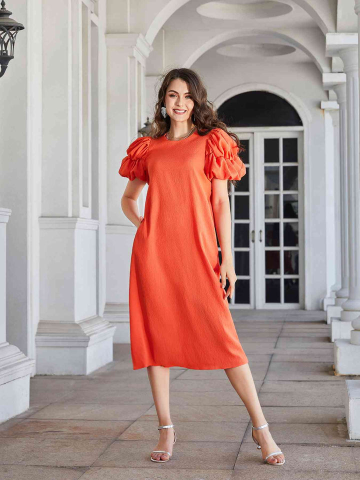 Round Neck Bubble Sleeve Straight Hem Midi Dress |1mrk.com