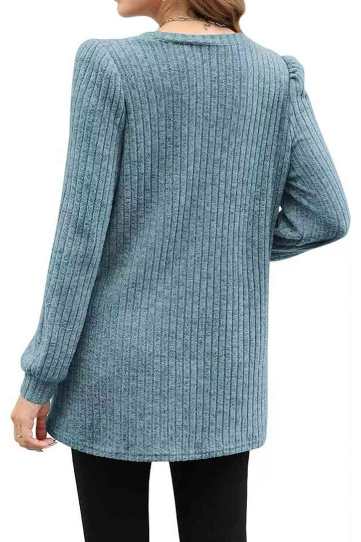 Ribbed Round Neck Long Sleeve T-Shirt | 1mrk.com