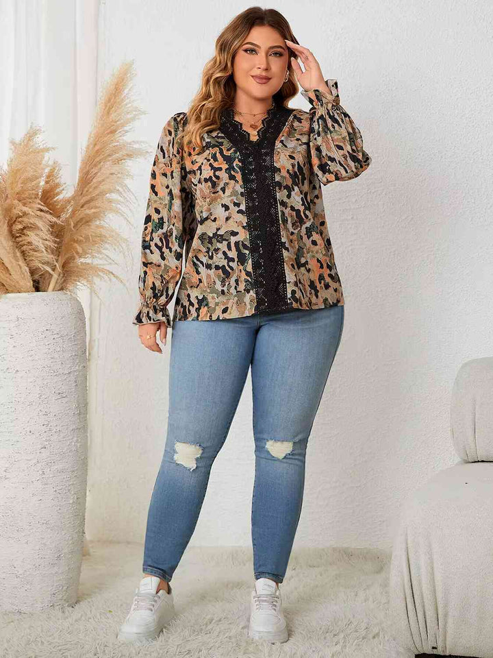 Plus Size Lace Trim Flounce Sleeve Blouse | 1mrk.com