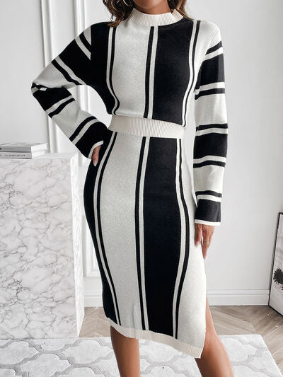 Slit Striped Mock Neck Sweater Dress | Trendsi