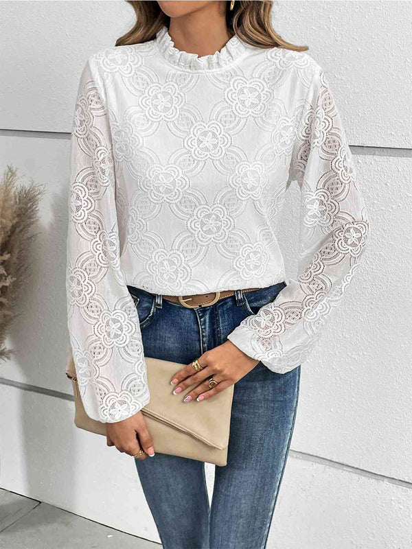 Eyelet Round Neck Long Sleeve Blouse | 1mrk.com