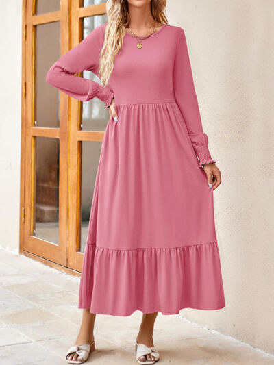 Round Neck Lantern Sleeve Ruffle Hem Dress | 1mrk.com