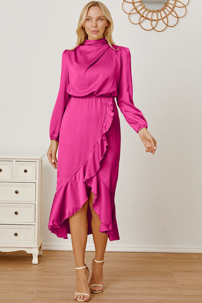 Mock Neck Ruffled Asymmetrical Dress |1mrk.com