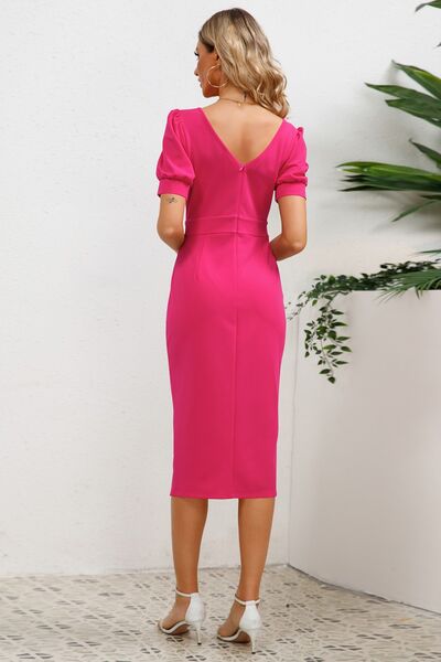 Slit Ruffled Puff Sleeve Midi Dress |1mrk.com