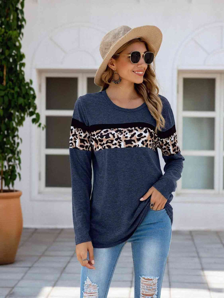 Leopard Round Neck Long Sleeve T-Shirt | 1mrk.com