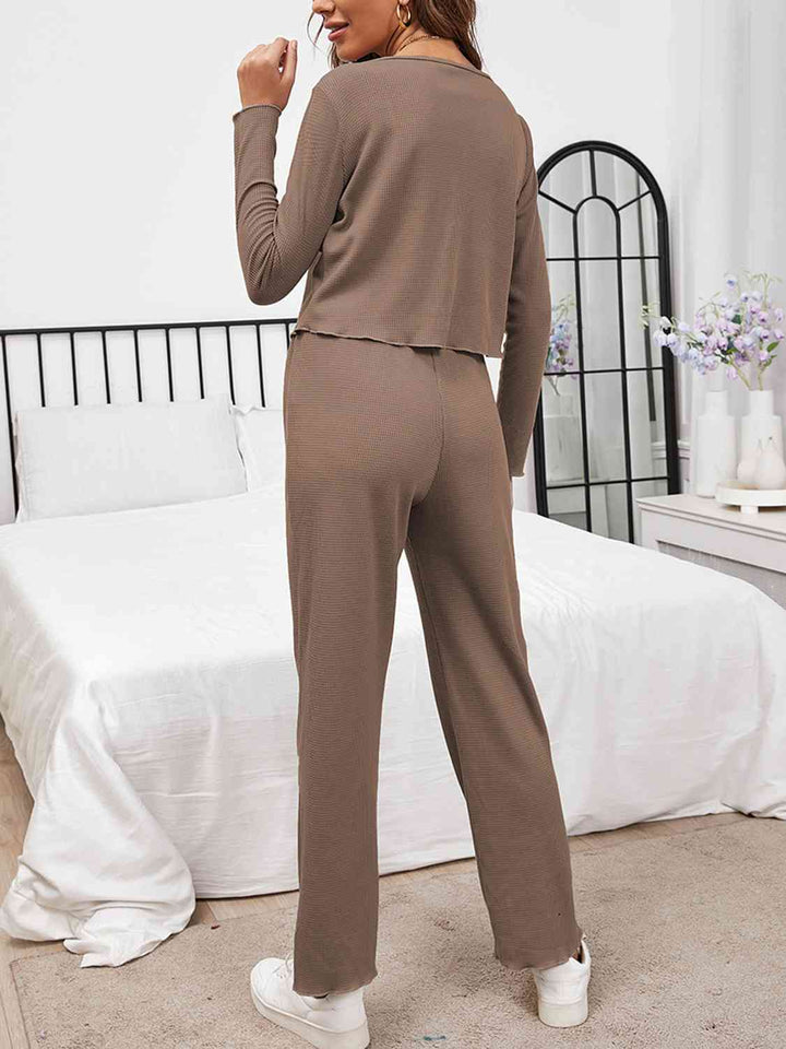 Button Front Long Sleeve Top and Pants Lounge Set | 1mrk.com