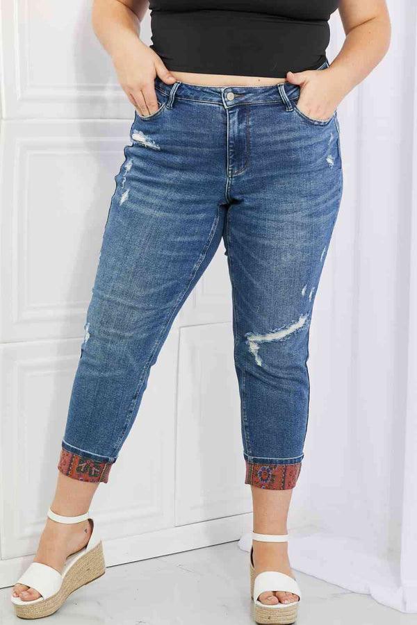 Judy Blue Gina Full Size Mid Rise Paisley Patch Cuff Boyfriend Jeans | 1mrk.com