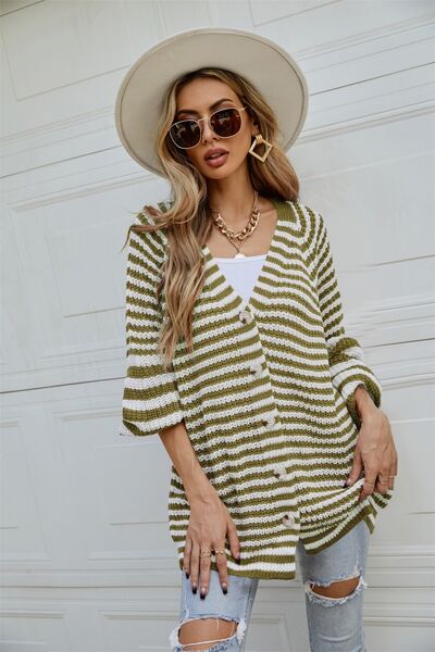 Striped Button Up Long Sleeve Cardigan |1mrk.com