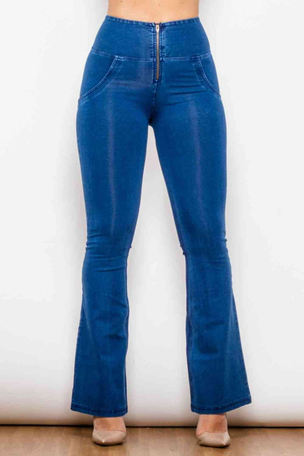 High Waist Zip Detail  Flare Long Jeans | 1mrk.com