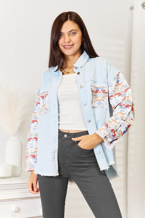 Buttoned Collared Neck Denim Jacket | 1mrk.com