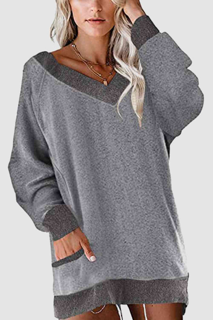 V-Neck Long Sleeve Sweatshirt with Pockets |1mrk.com