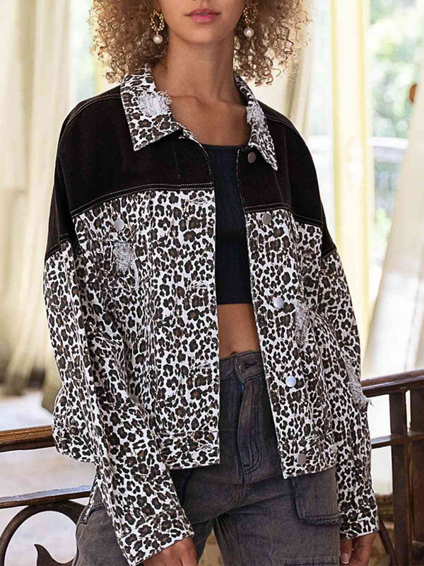 Leopard Print Dropped Shoulder Long Sleeve Denim Jacket | 1mrk.com