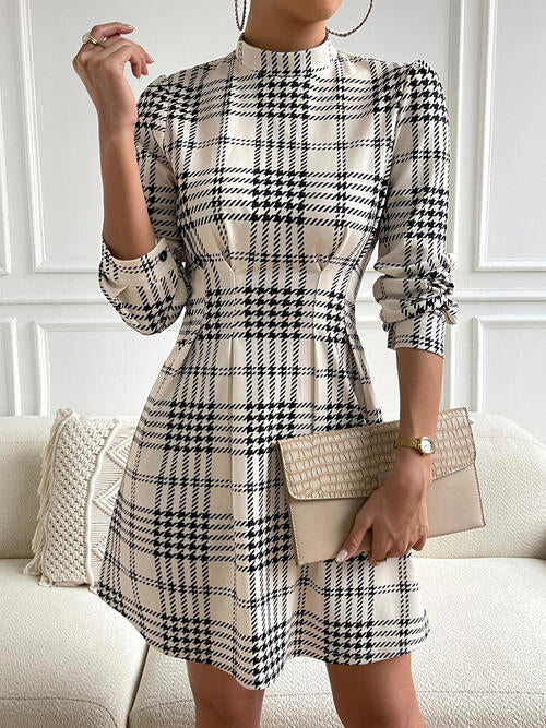 Houndstooth Mock Neck Cinched Mini Dress | 1mrk.com